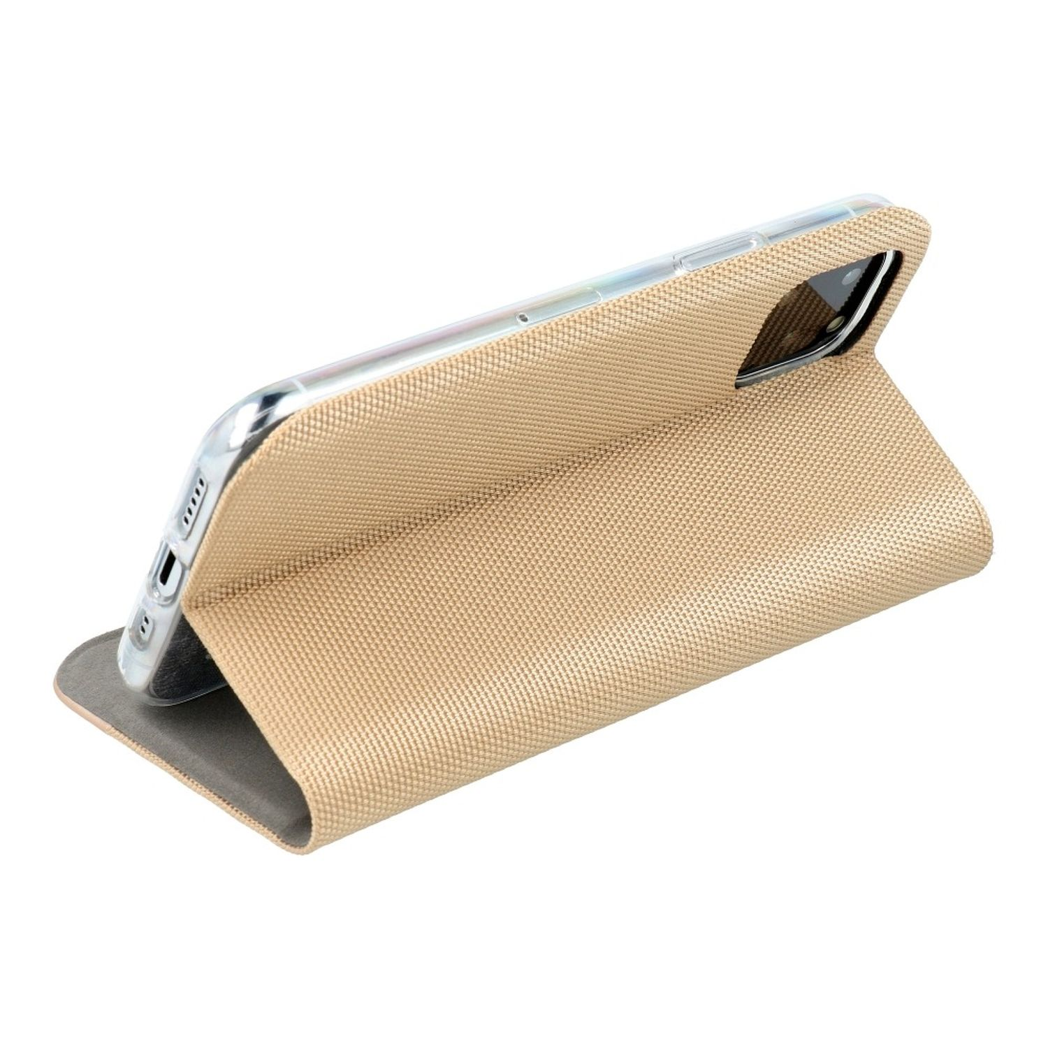 Beige Handyhülle mit Telefon darin, stehend. Der Hintergrund ist weiß.