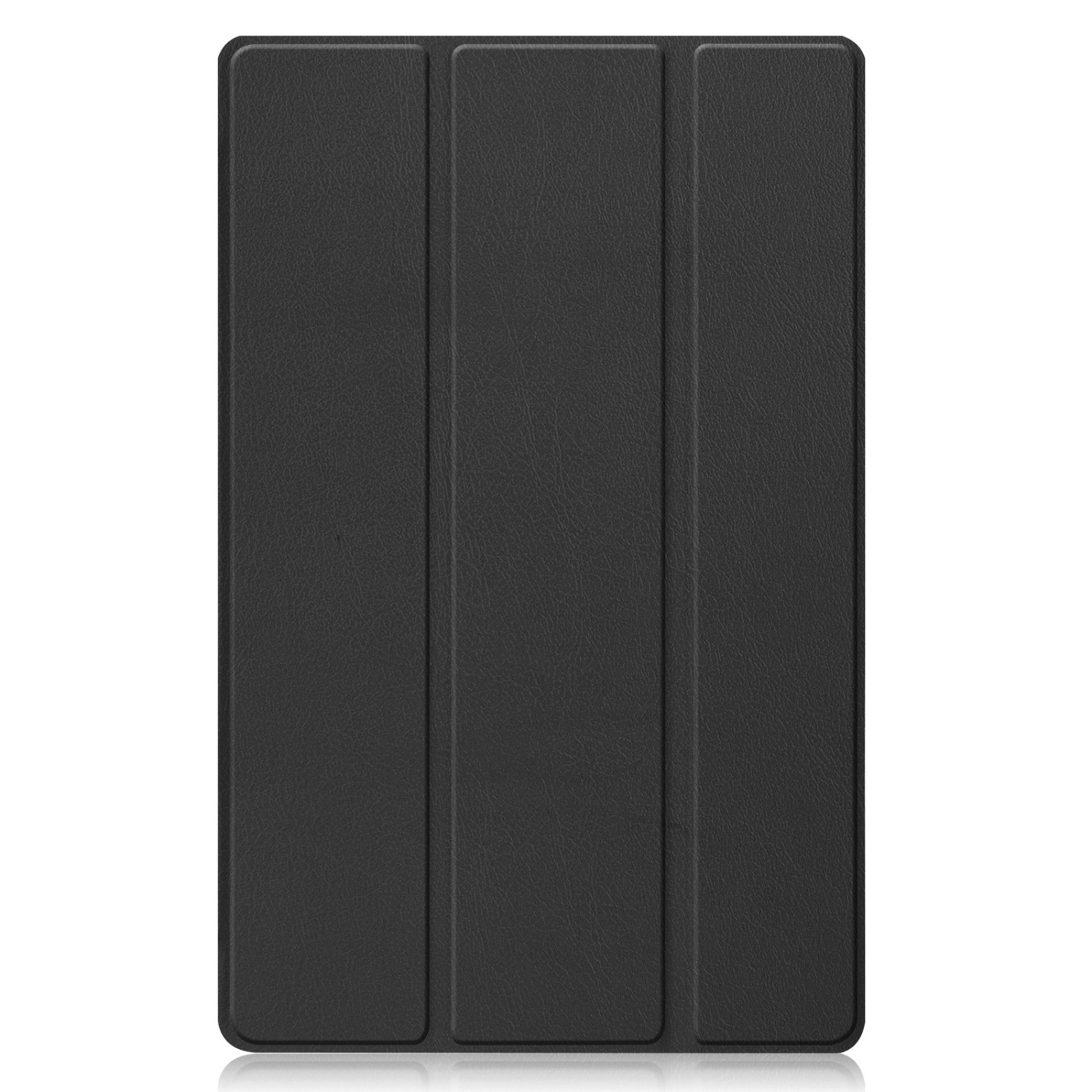Schwarze Tablet-Hülle, gefaltet. Drei Paneele. Lederstruktur. Weißer Hintergrund.