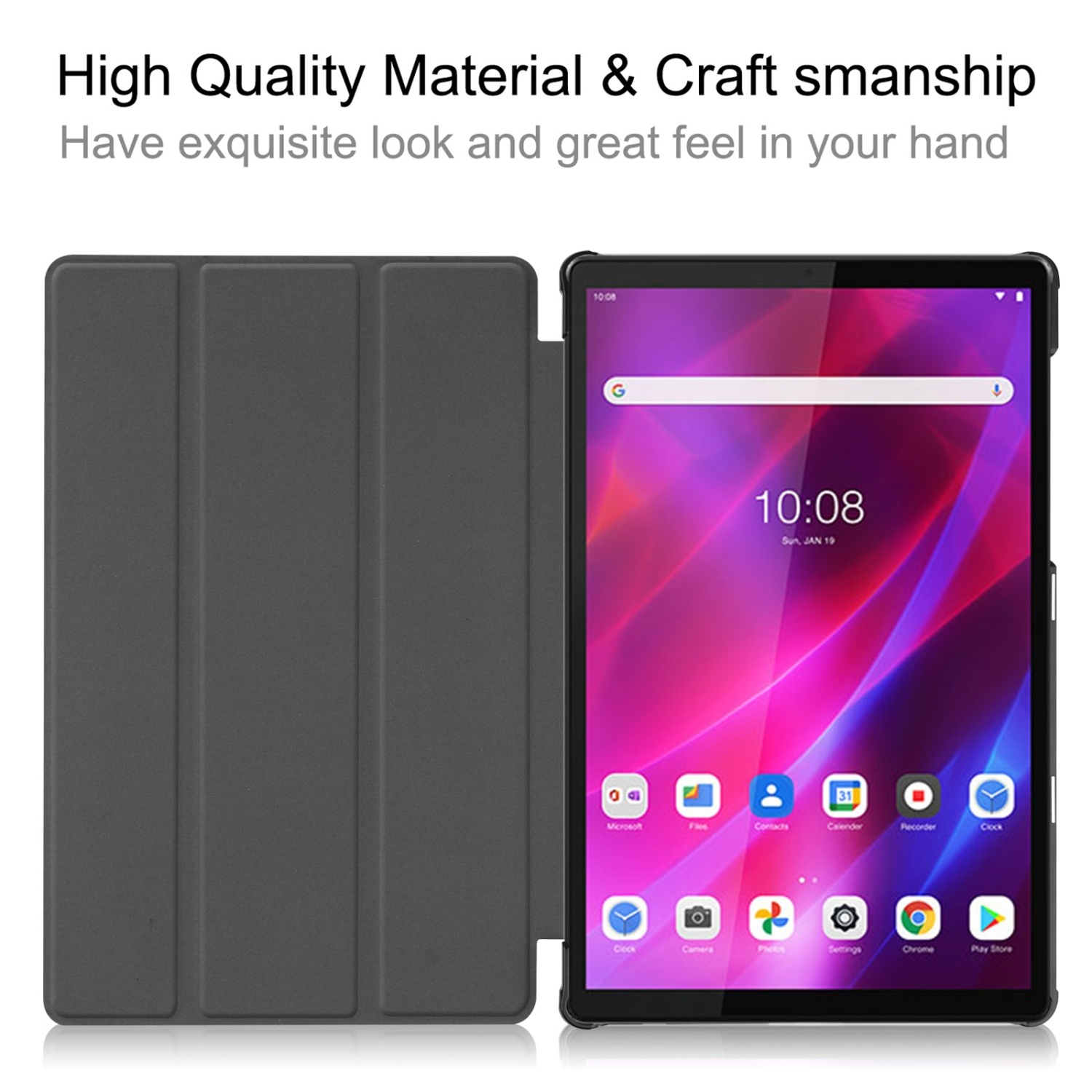 Offene graue Tablethülle mit einem Tablet, das eine Oberfläche und Text anzeigt.