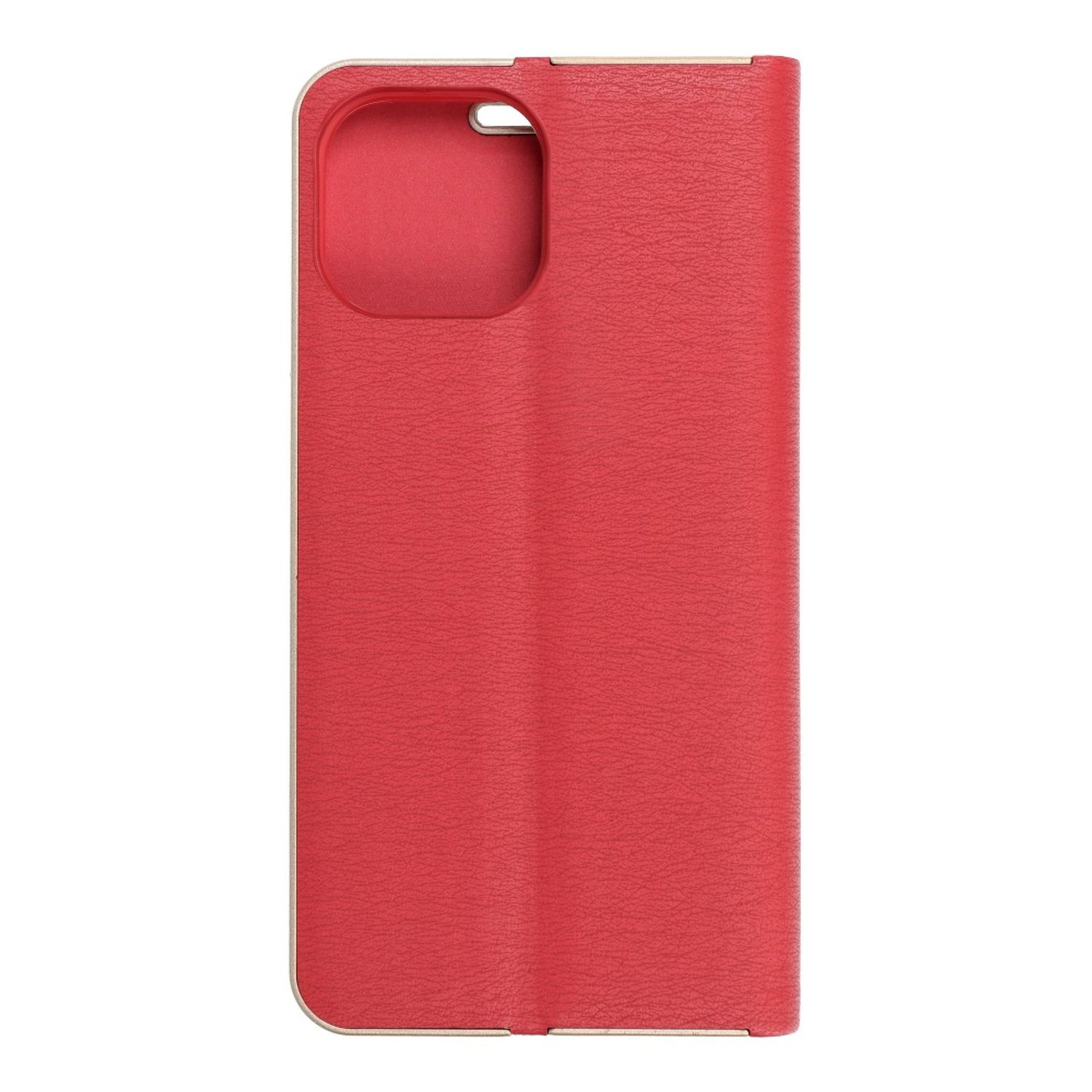 Rote Handyhülle mit Cover. Die Hülle ist strukturiert und hat einen Kameraausschnitt. Das Cover ist offen.