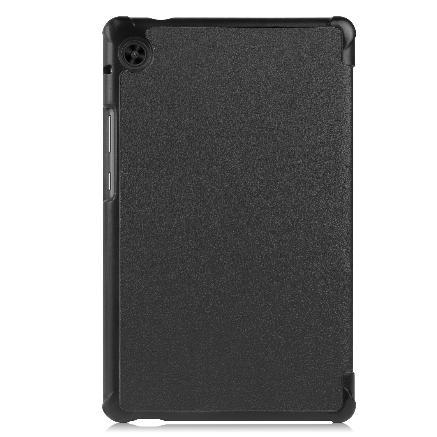 Schwarze Tablet-Hülle. Sie hat eine Kamera oben links.
