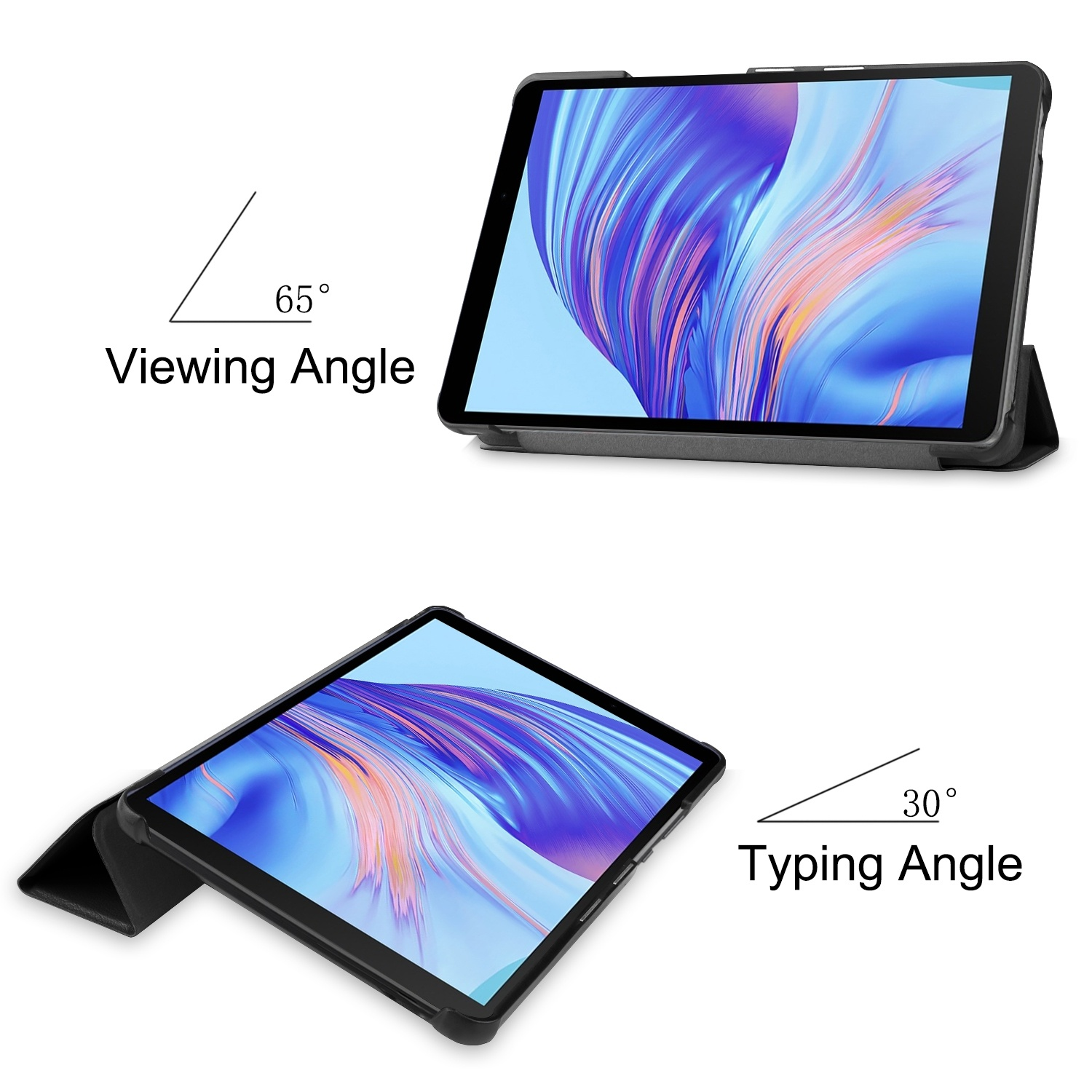 Tablet-Hülle mit 65 Grad Betrachtungswinkel und 30 Grad Tippwinkel, mit einem Tablet.