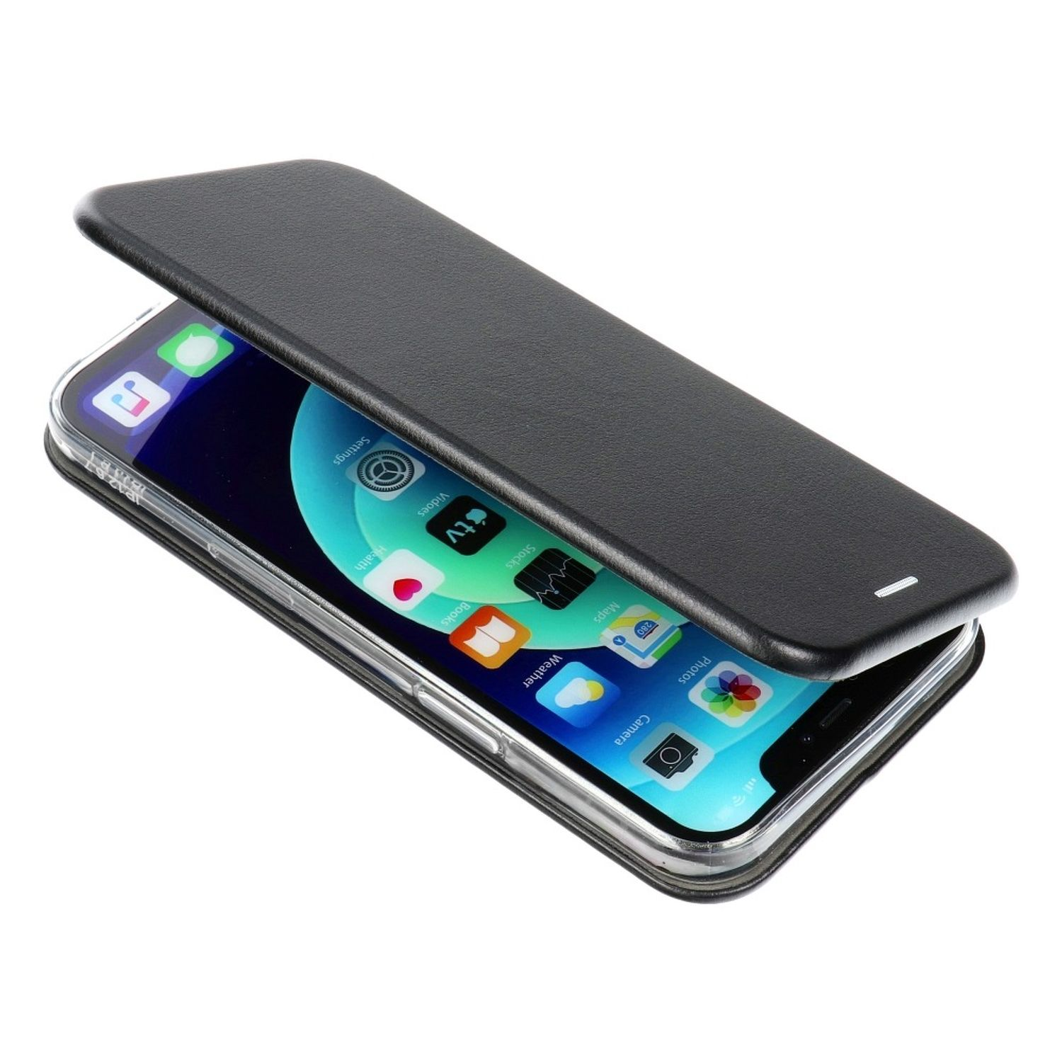 Schwarze Handyhülle mit offenem Deckel, die ein Telefon mit Apps auf weißem Hintergrund zeigt.