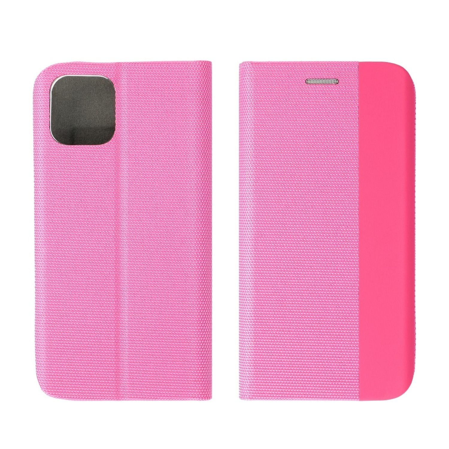Pinkes Handycase, offen. Die Innenseite ist hellrosa, die Außenseite dunkler rosa.