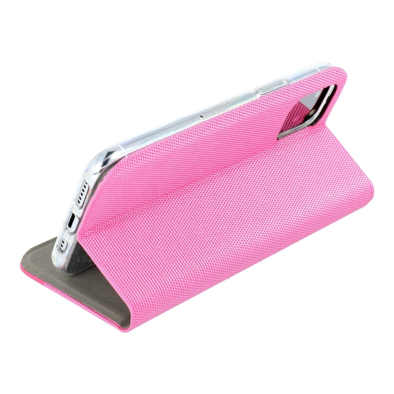 Ein pinkes Smartphone in einer pinken Hülle, angewinkelt auf weißem Hintergrund.