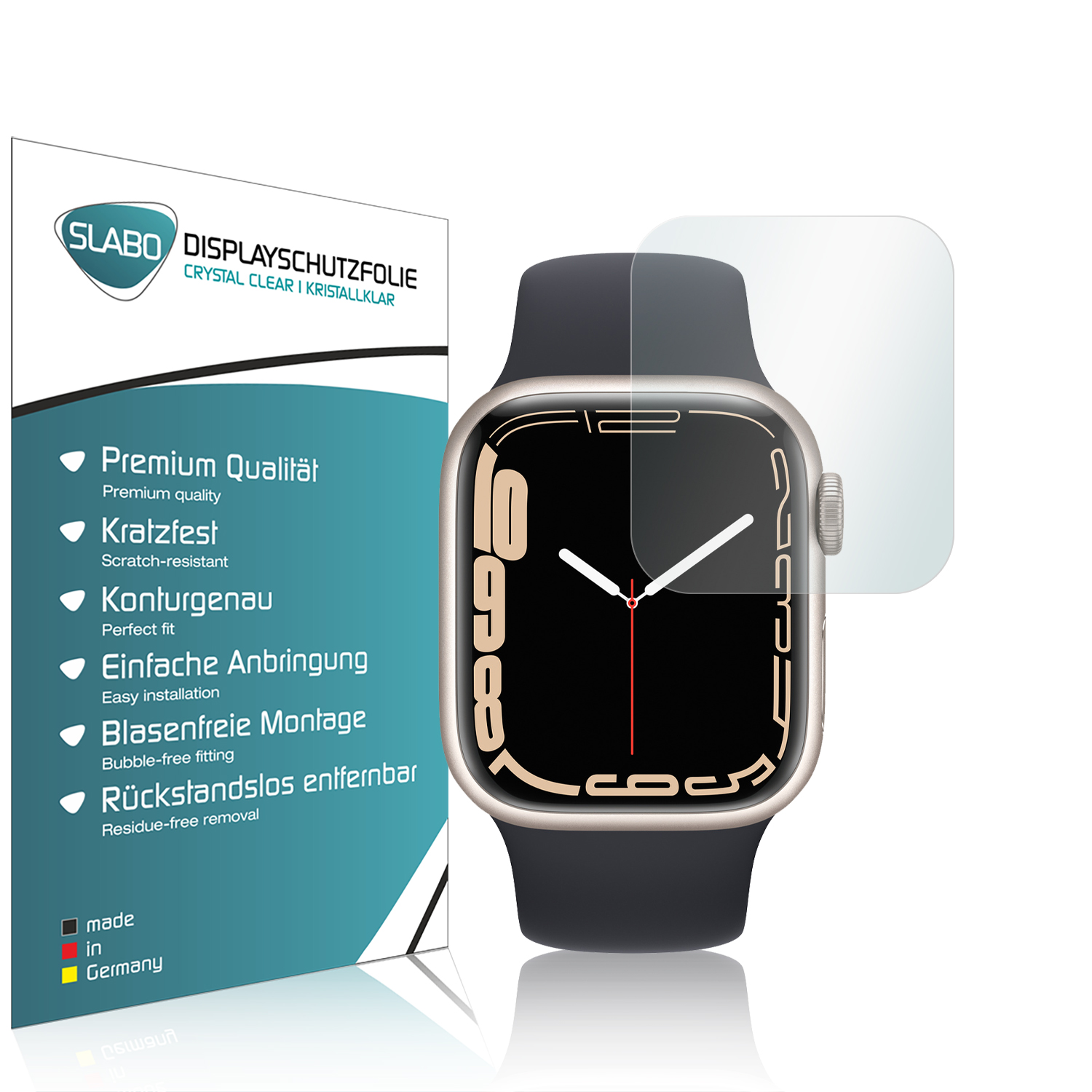 Apple Watch mit Displayschutzfolie und einer Box mit Text über Schutz und Kratzfestigkeit.