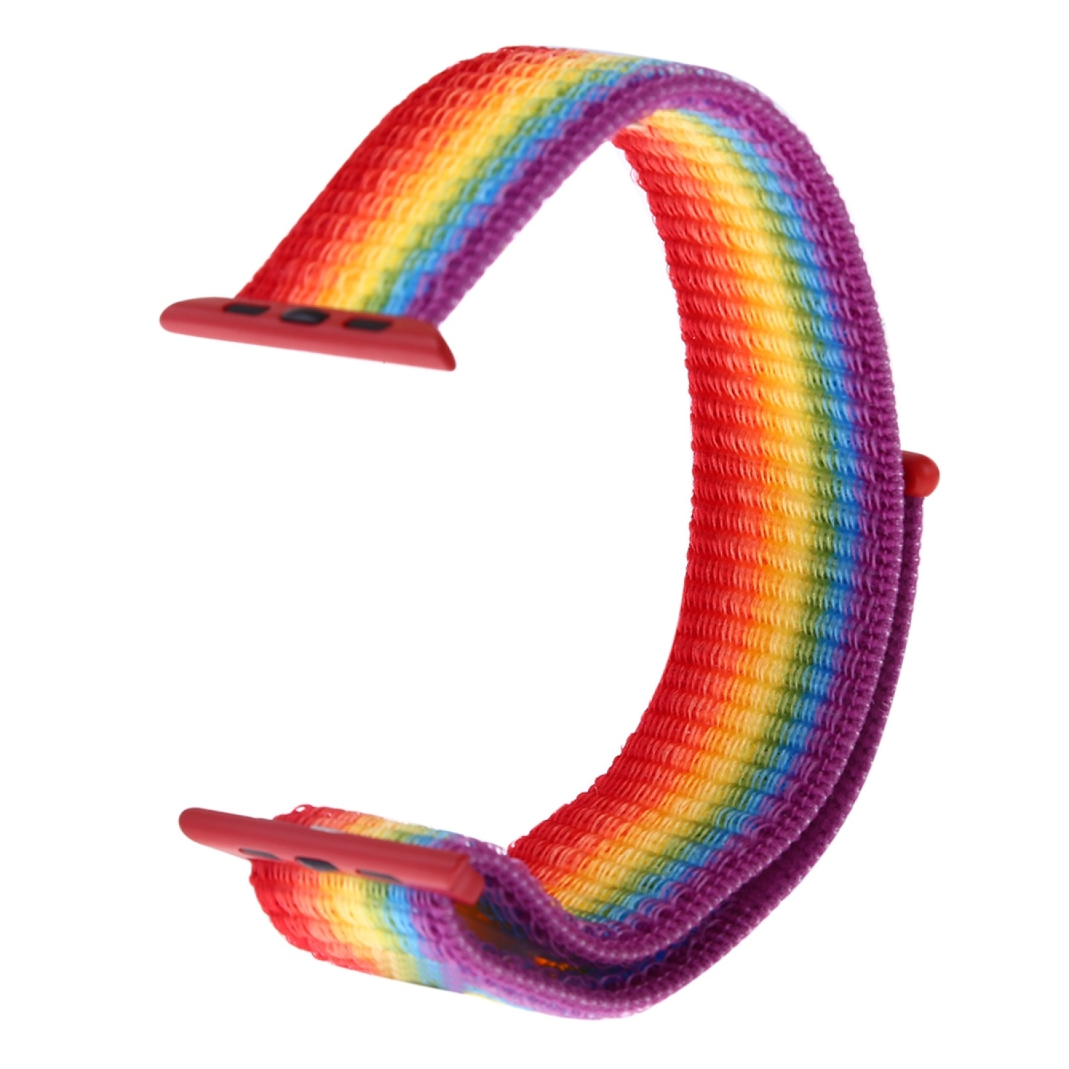 Regenbogenfarbenes Uhrenarmband mit roten Anschlüssen.