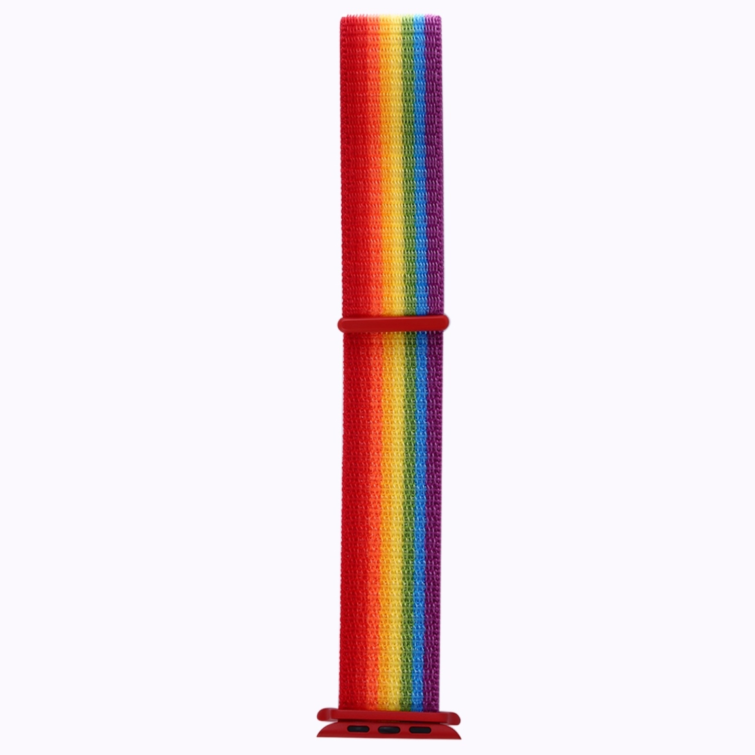 Regenbogenfarbenes Uhrenarmband. Rote Schnalle und Anschlüsse. Weißer Hintergrund.