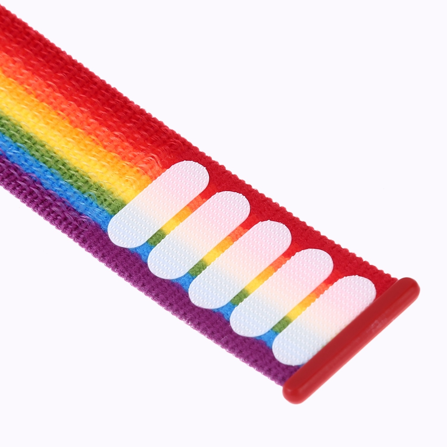 Ein Regenbogenfarbenes Uhrenarmband mit weißen Klettverschlüssen wird gezeigt.