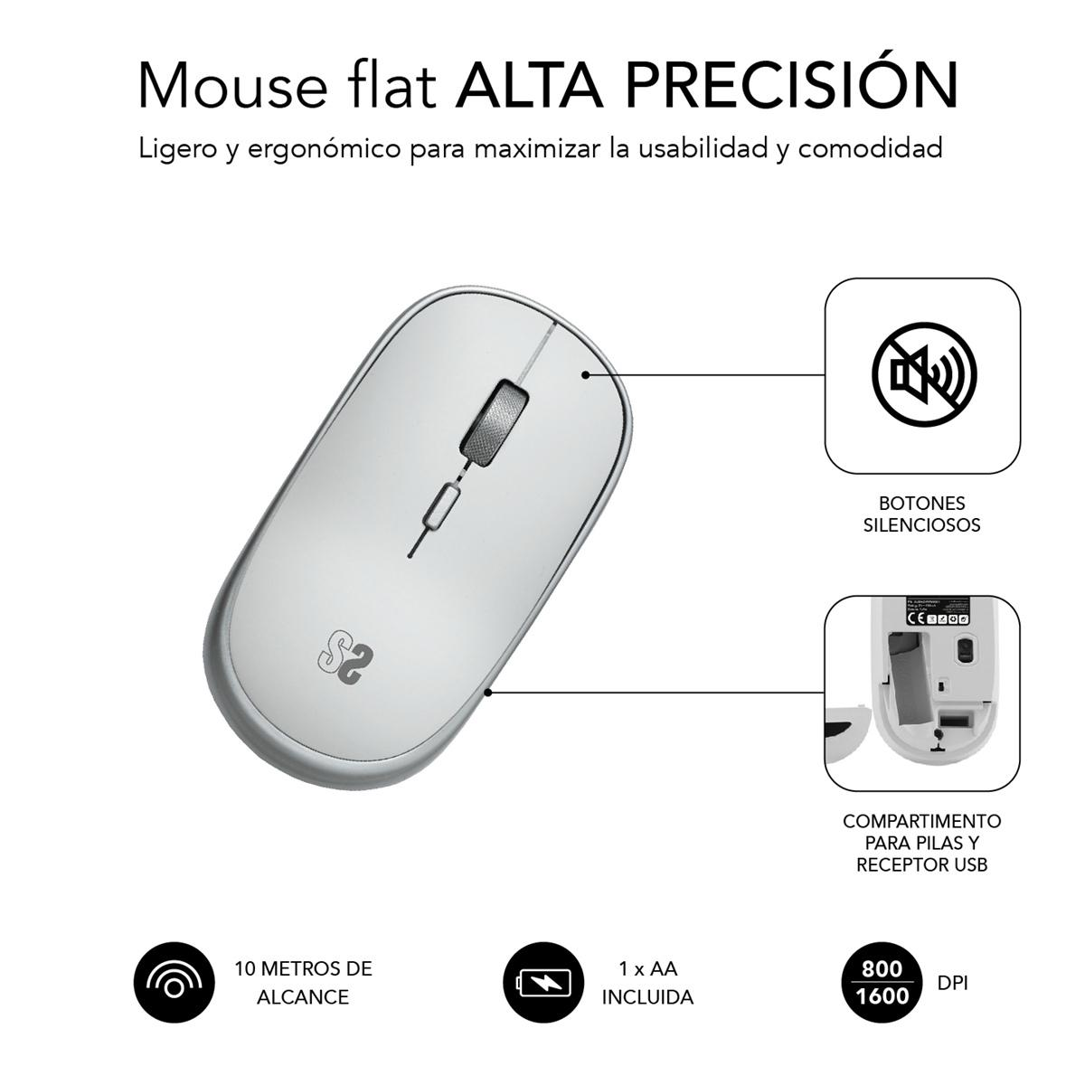 Een witte, ergonomische muis met knoppen en USB-ontvanger. Er staat ook tekst.