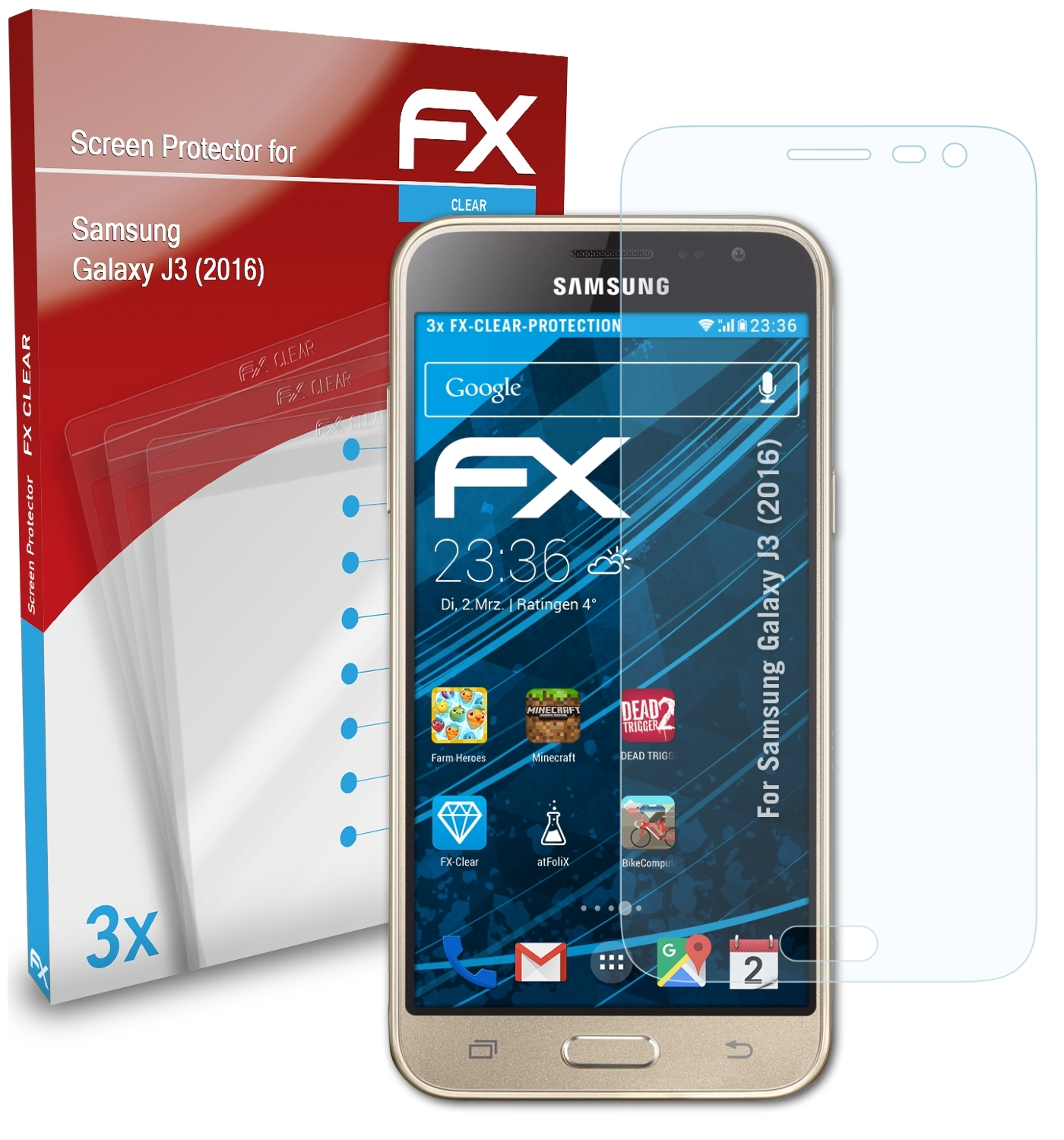 ATFOLIX Samsung 3x Displayschutz(für FX-Clear J3 (2016)) Galaxy