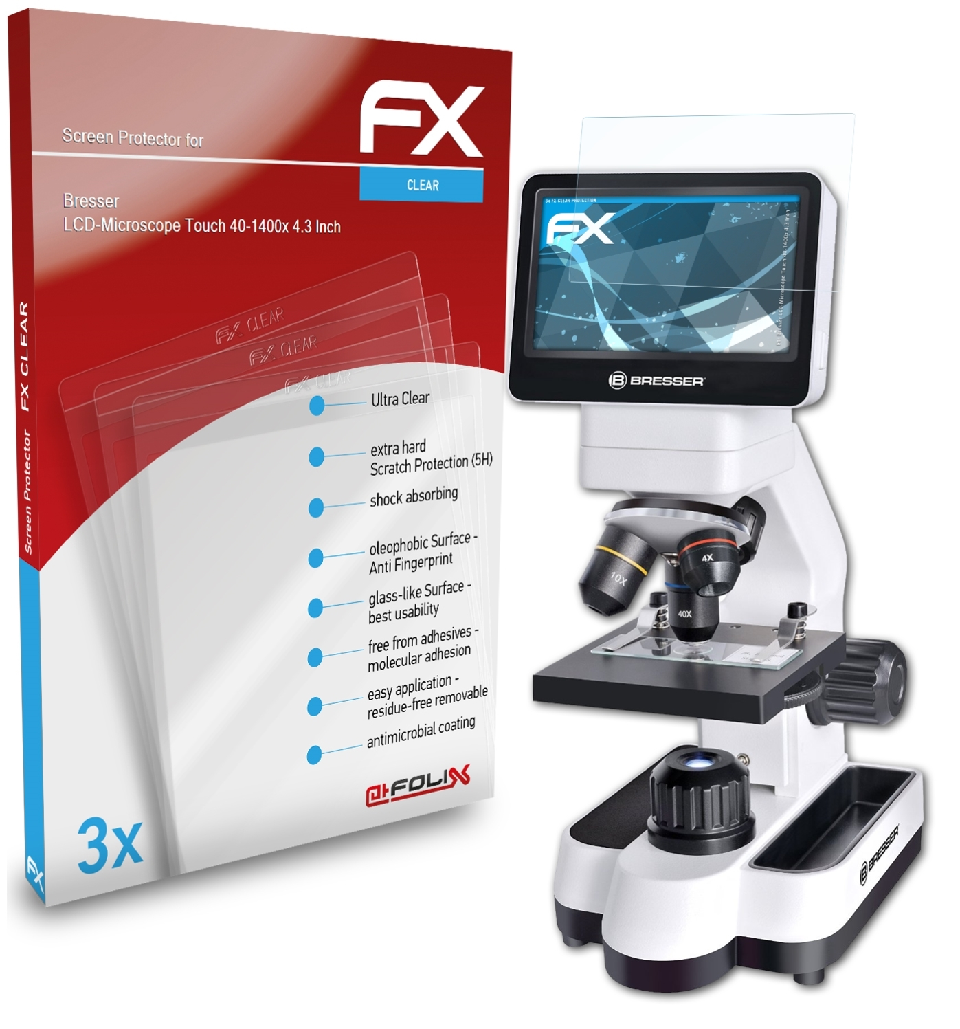 ATFOLIX 3x FX-Clear Bresser Inch)) Touch (4.3 LCD-Microscope Displayschutz(für 40-1400x