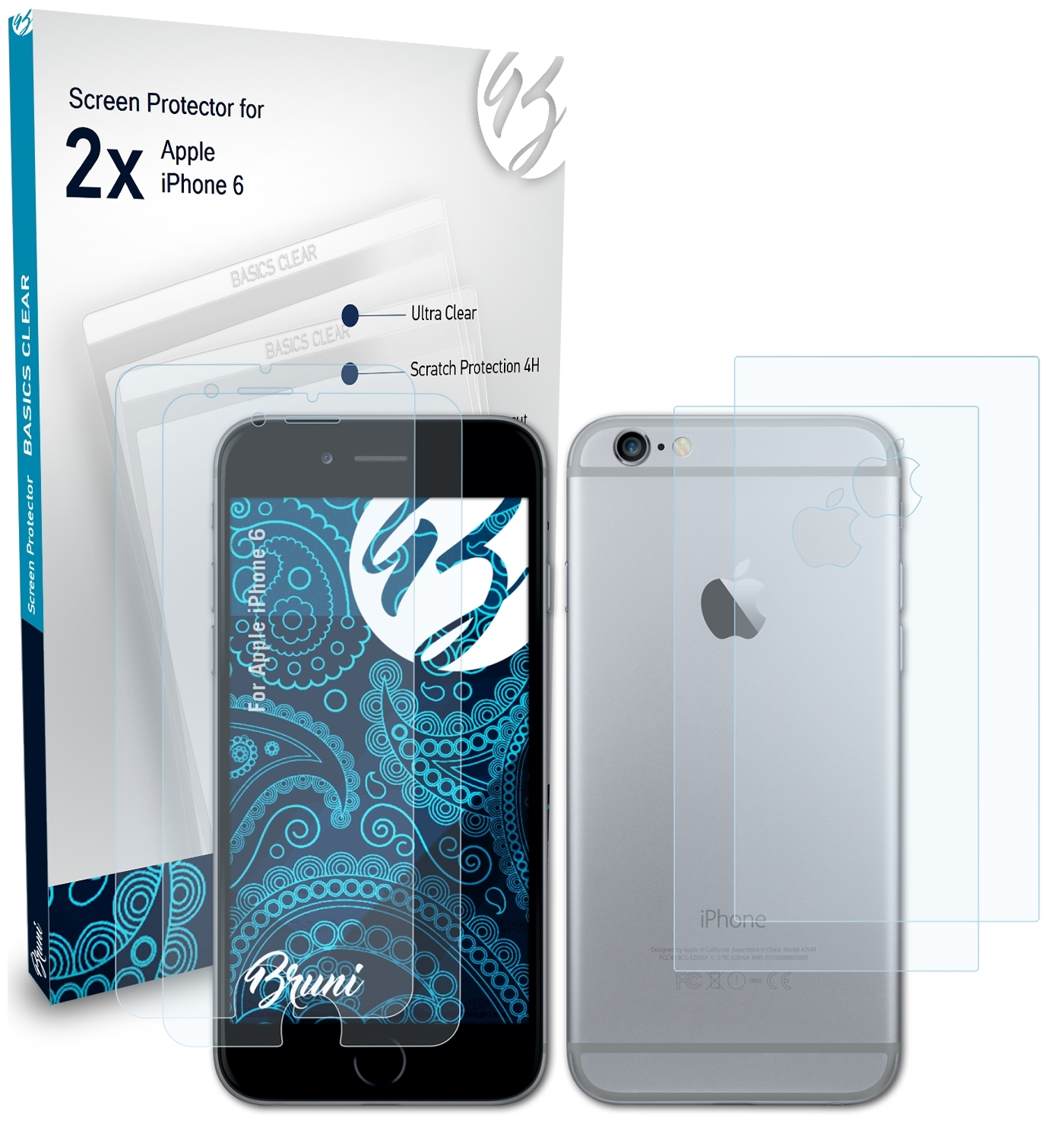 6) Basics-Clear Apple Schutzfolie(für BRUNI 2x iPhone