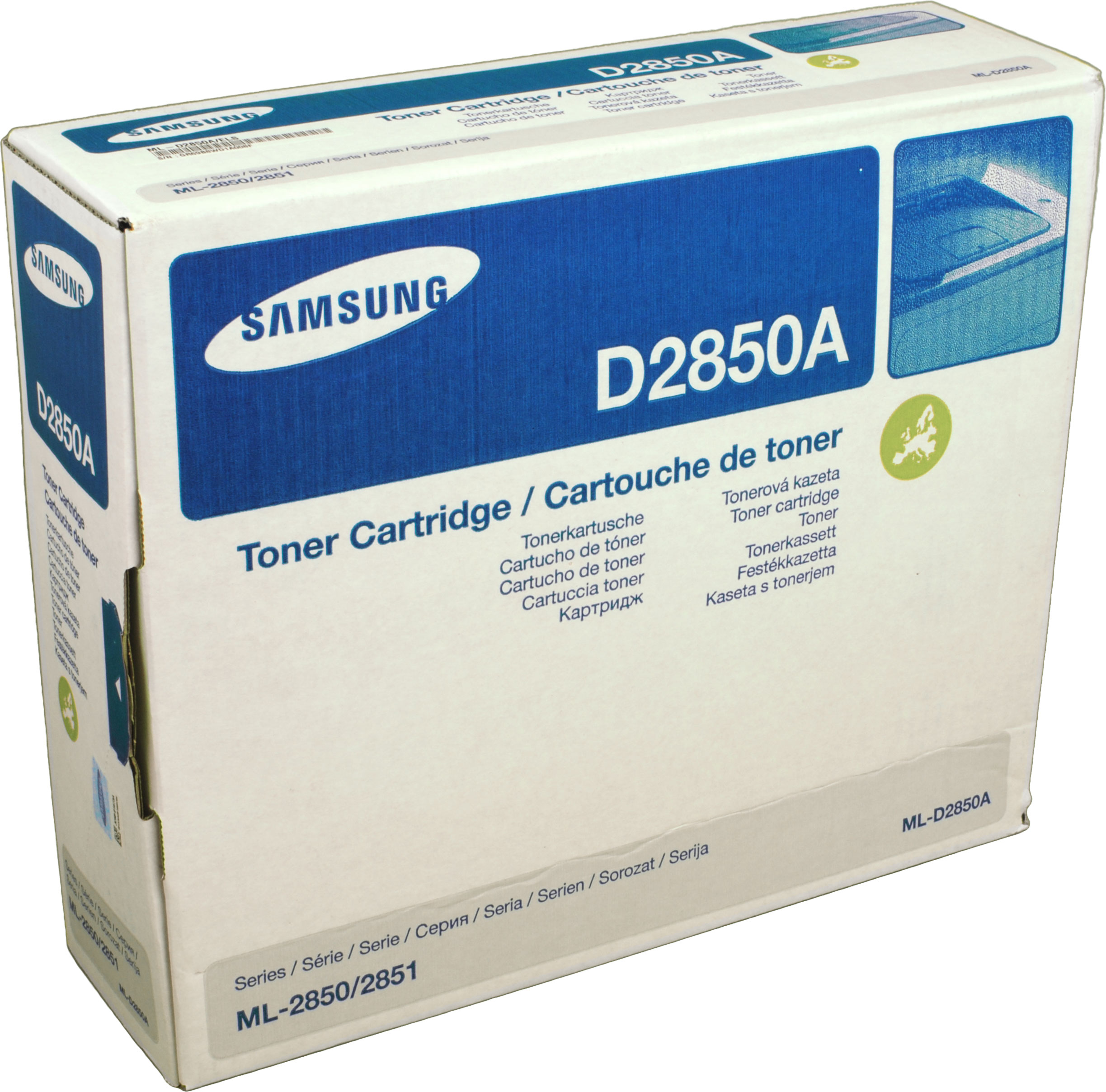 Weiße und blaue Tonerkartuschenbox. Samsung und D2850A sind sichtbar.