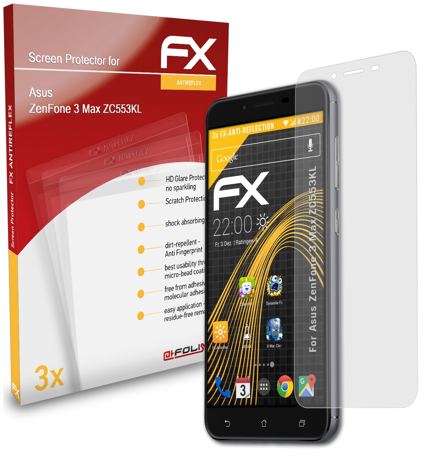 ATFOLIX 3x Max FX-Antireflex 3 Displayschutz(für ZenFone Asus (ZC553KL))