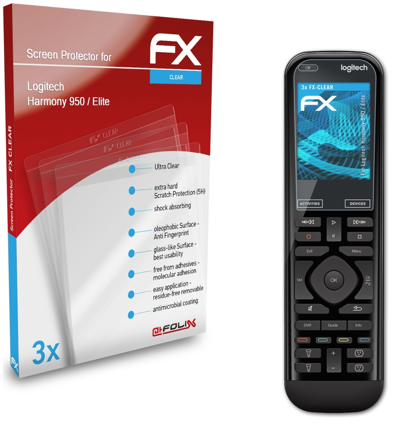 ATFOLIX 3x Displayschutz(für Elite) Logitech / 950 Harmony FX-Clear