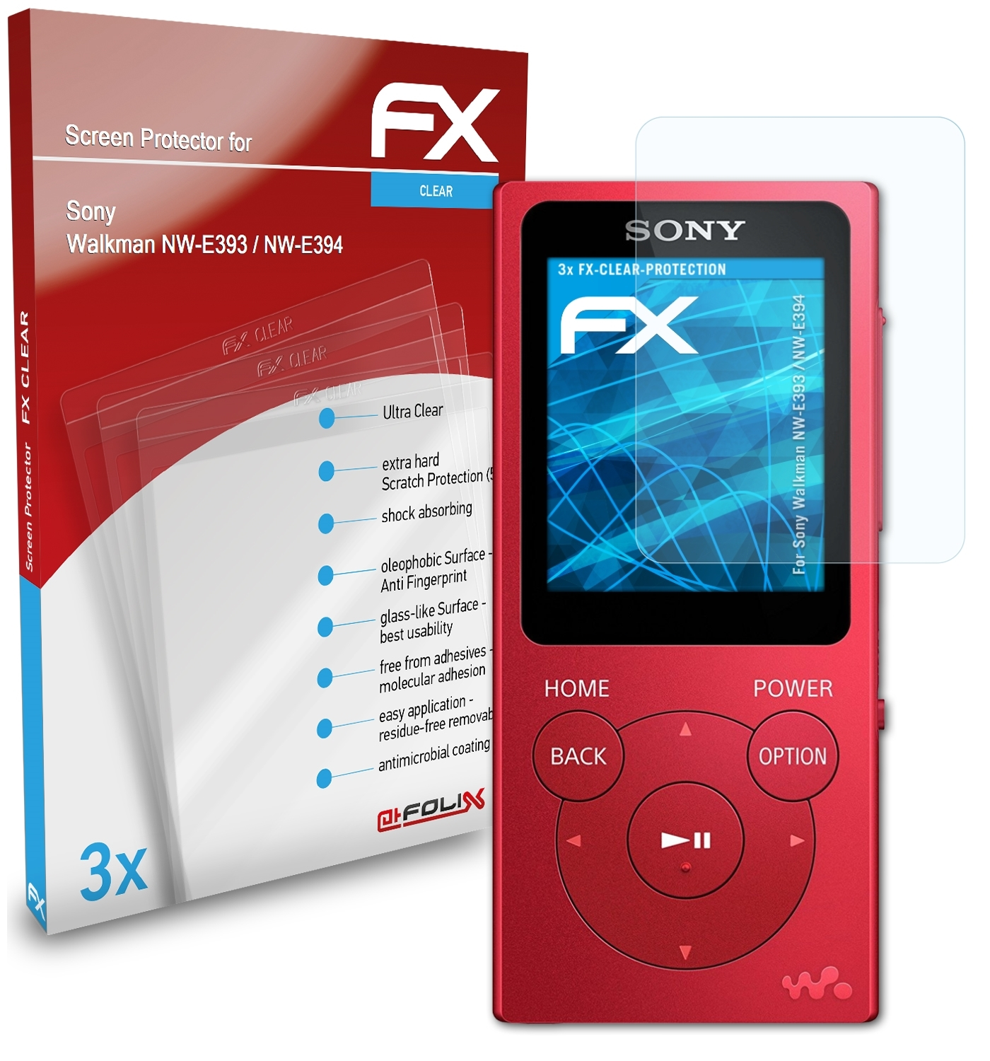/ Sony FX-Clear Displayschutz(für 3x NW-E393 ATFOLIX Walkman NW-E394)
