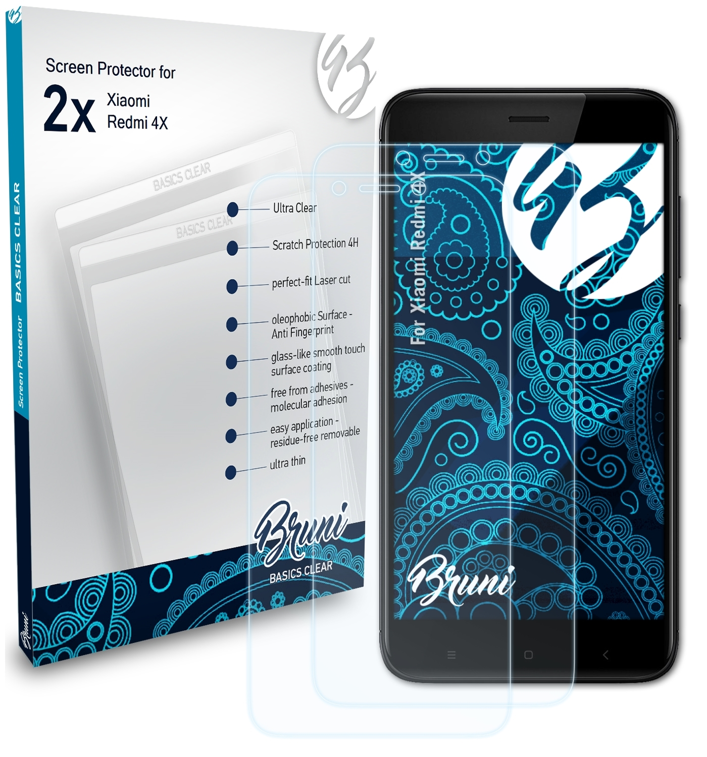 BRUNI 2x 4X) Redmi Basics-Clear Schutzfolie(für Xiaomi