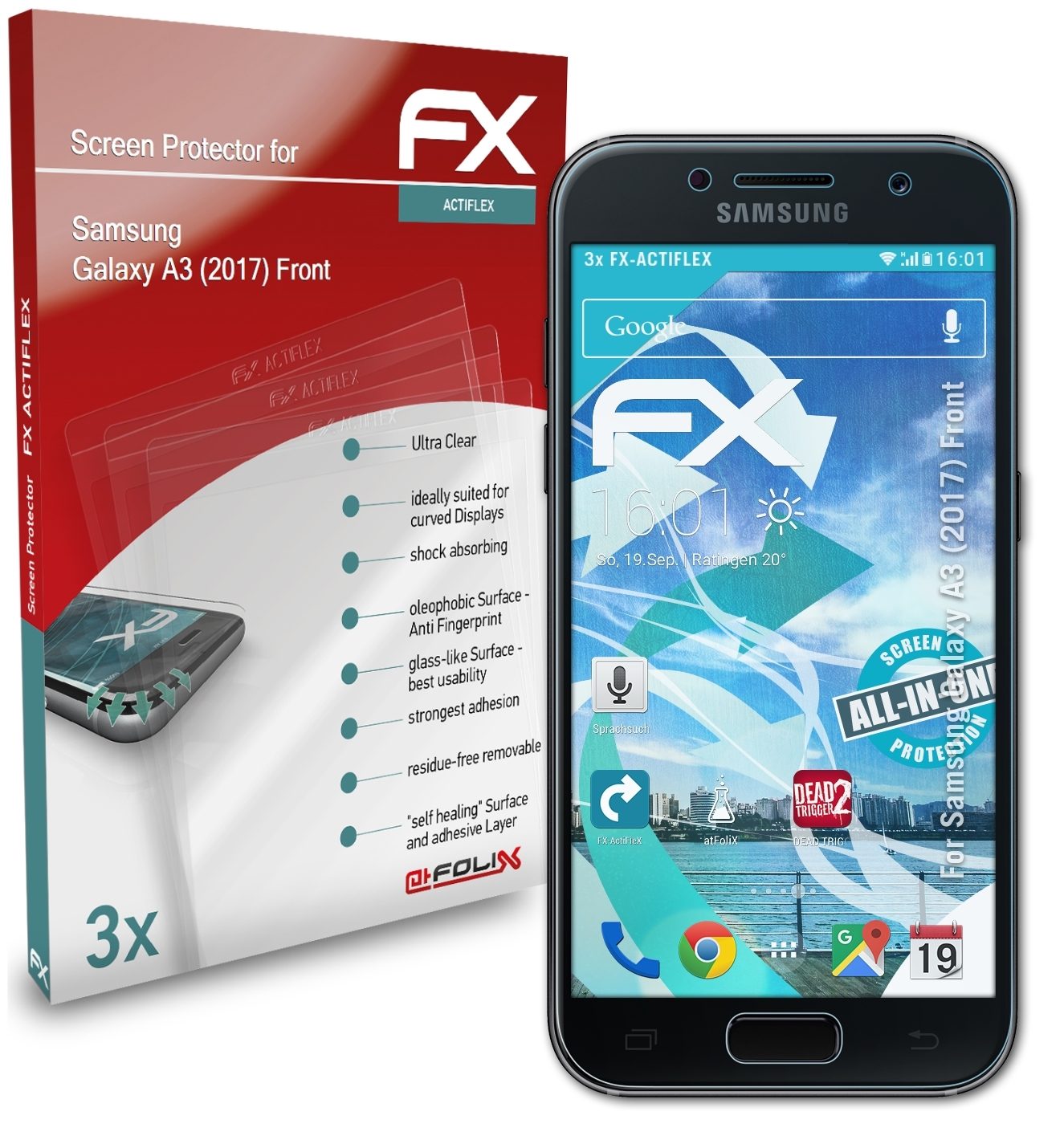 ATFOLIX 3x FX-ActiFleX Samsung Displayschutz(für Galaxy Front) (2017) A3