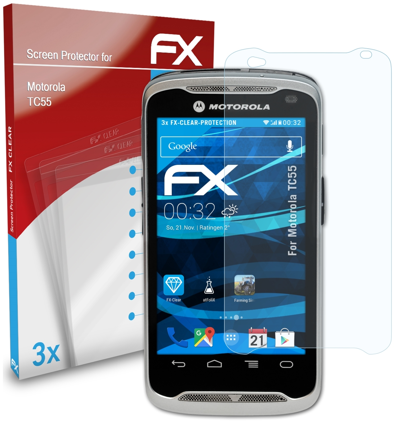 ATFOLIX 3x TC55) Motorola FX-Clear Displayschutz(für