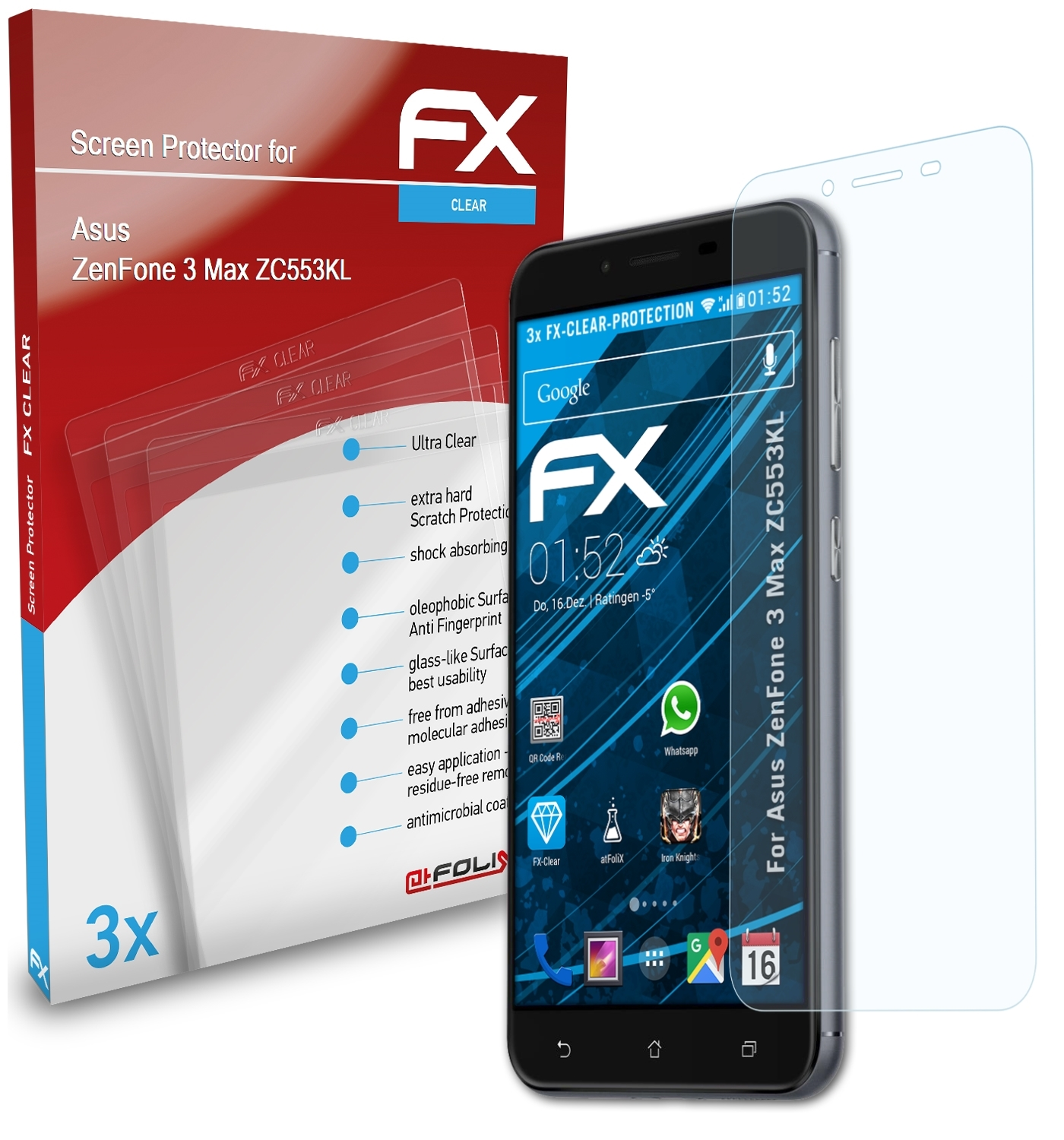 ATFOLIX 3x FX-Clear Displayschutz(für 3 Asus Max ZenFone (ZC553KL))