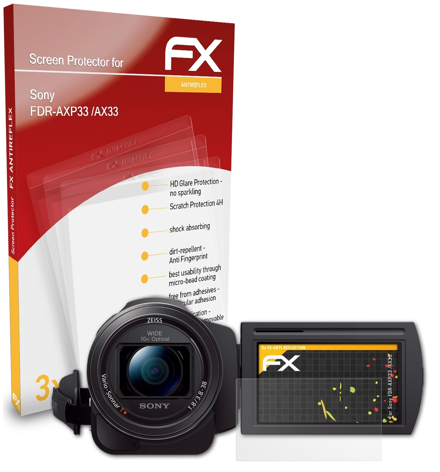 /AX33) 3x Sony Displayschutz(für FX-Antireflex FDR-AXP33 ATFOLIX