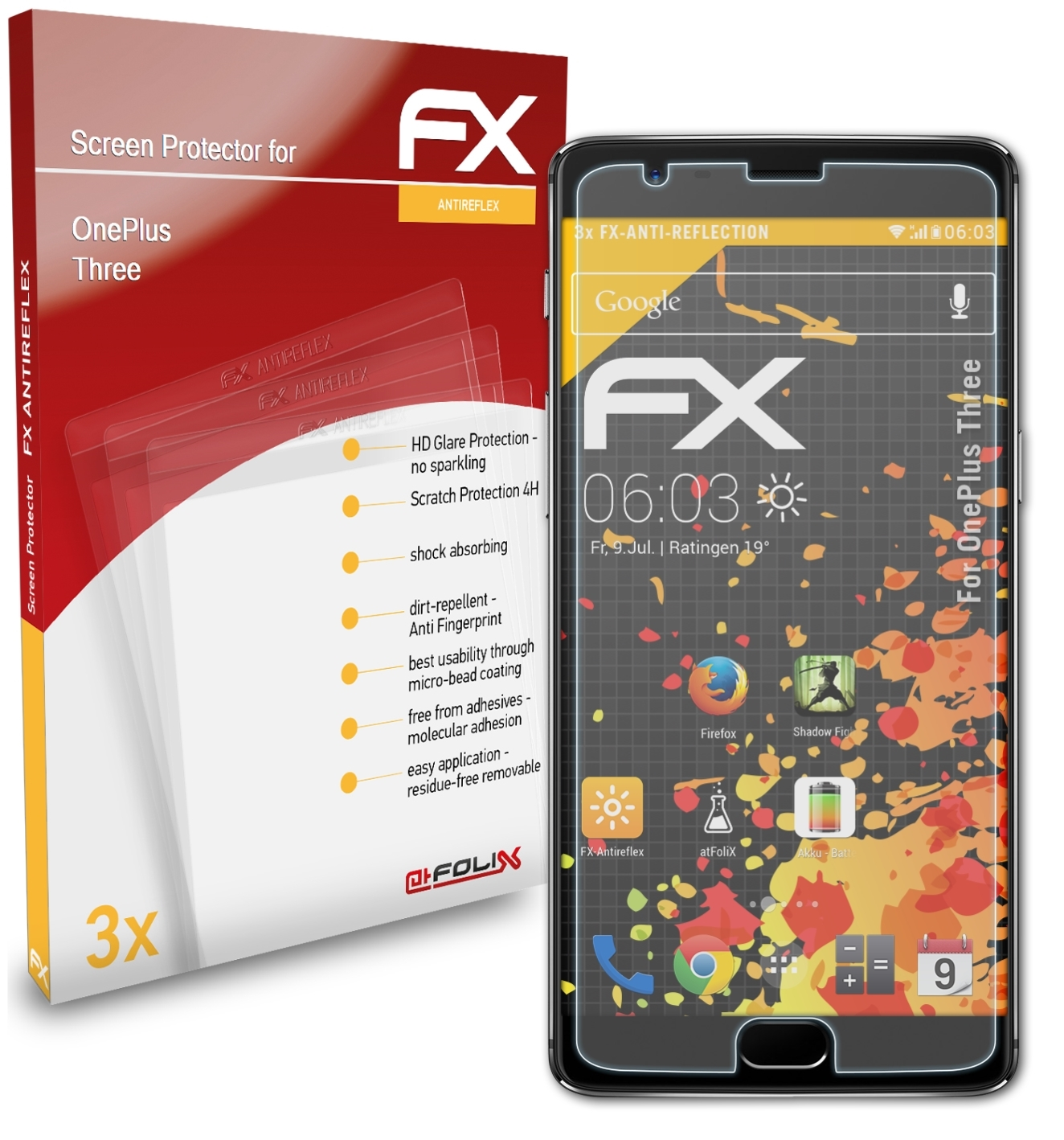 ATFOLIX FX-Antireflex Displayschutz(für 3x Three) OnePlus