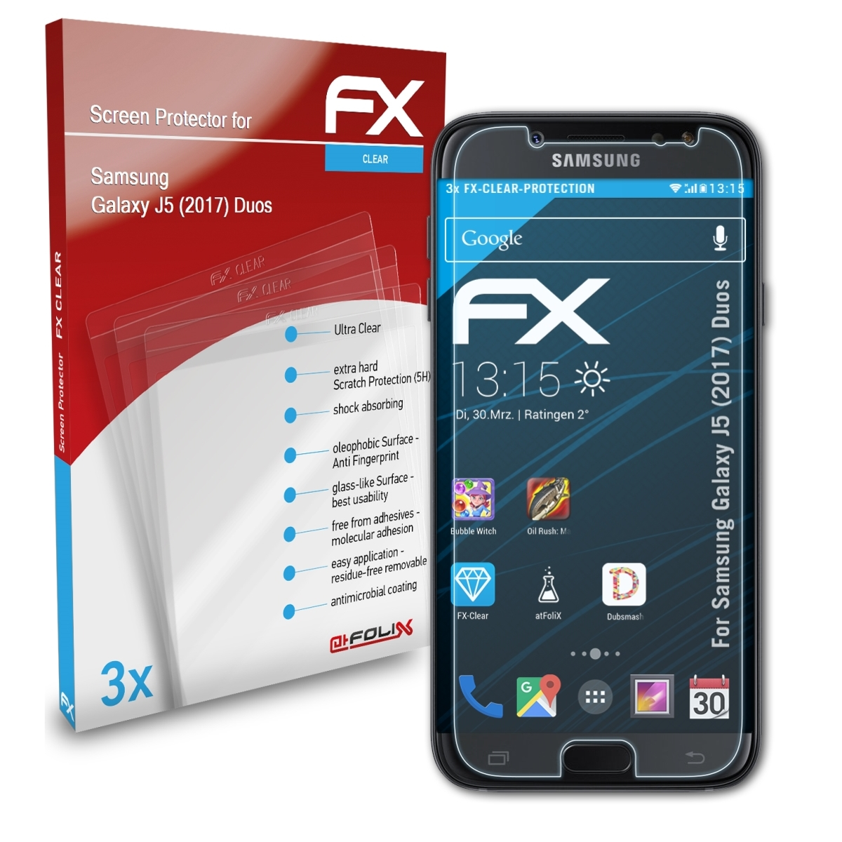 ATFOLIX 3x FX-Clear Displayschutz(für Samsung Duos) Galaxy J5 (2017)