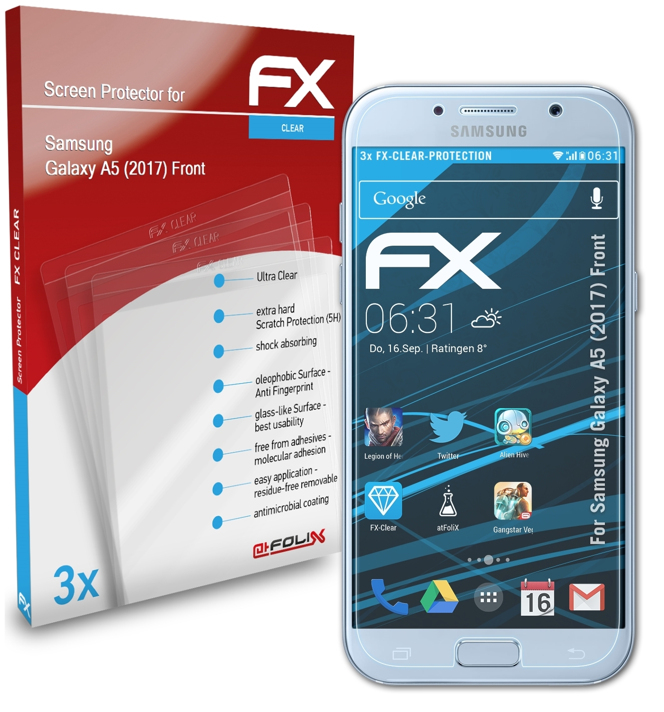 ATFOLIX 3x Front) FX-Clear A5 (2017) Samsung Displayschutz(für Galaxy