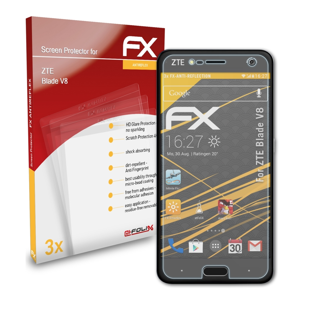 ATFOLIX 3x Blade ZTE V8) FX-Antireflex Displayschutz(für