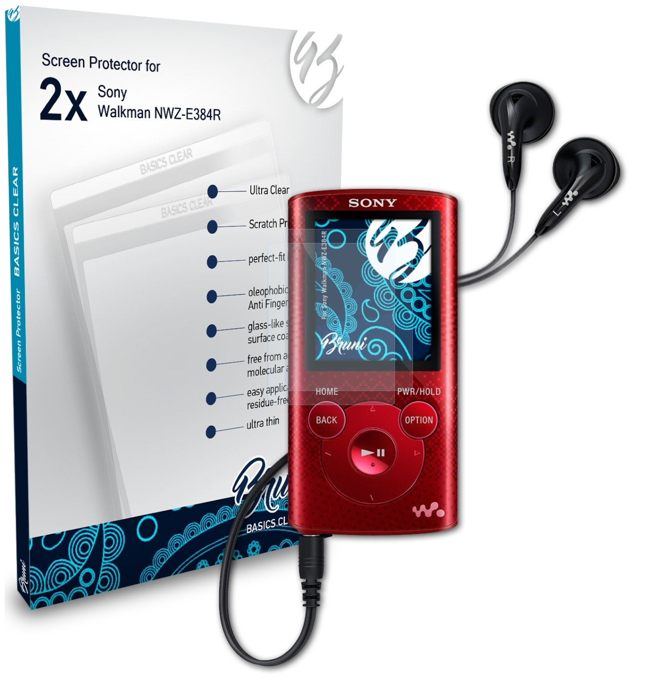 NWZ-E384R) Sony Walkman Basics-Clear BRUNI Schutzfolie(für 2x