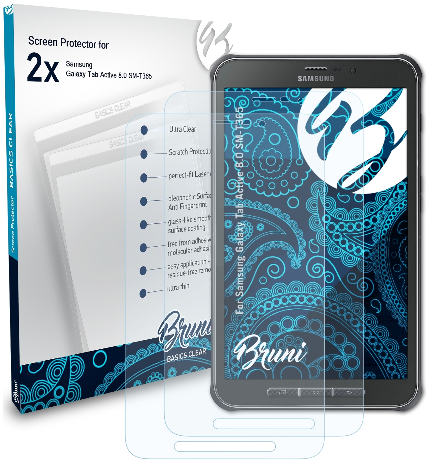 BRUNI 2x Basics-Clear Galaxy 8.0 Samsung Active Tab Schutzfolie(für (SM-T365))