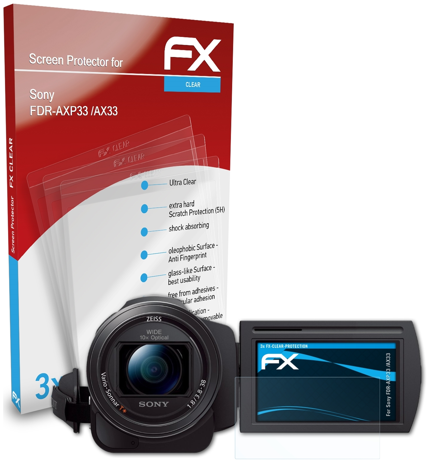 ATFOLIX 3x FX-Clear Displayschutz(für Sony /AX33) FDR-AXP33