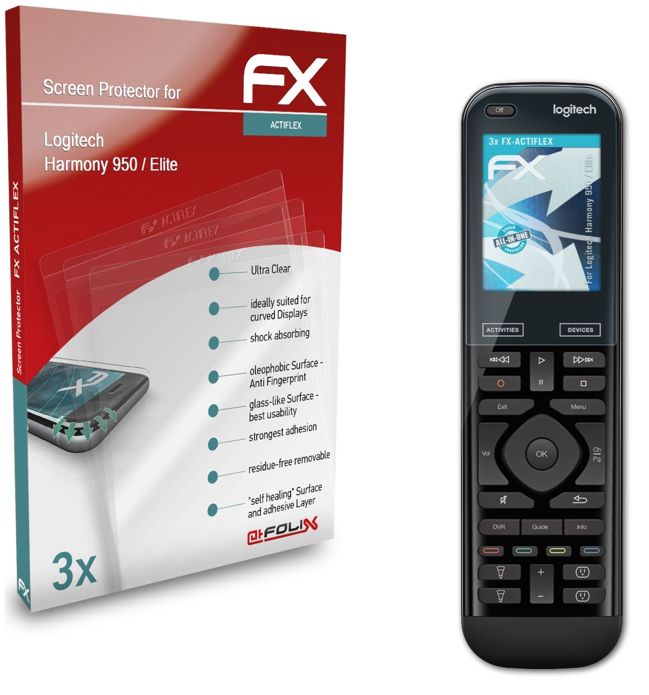ATFOLIX 3x FX-ActiFleX Harmony / Logitech Displayschutz(für Elite) 950