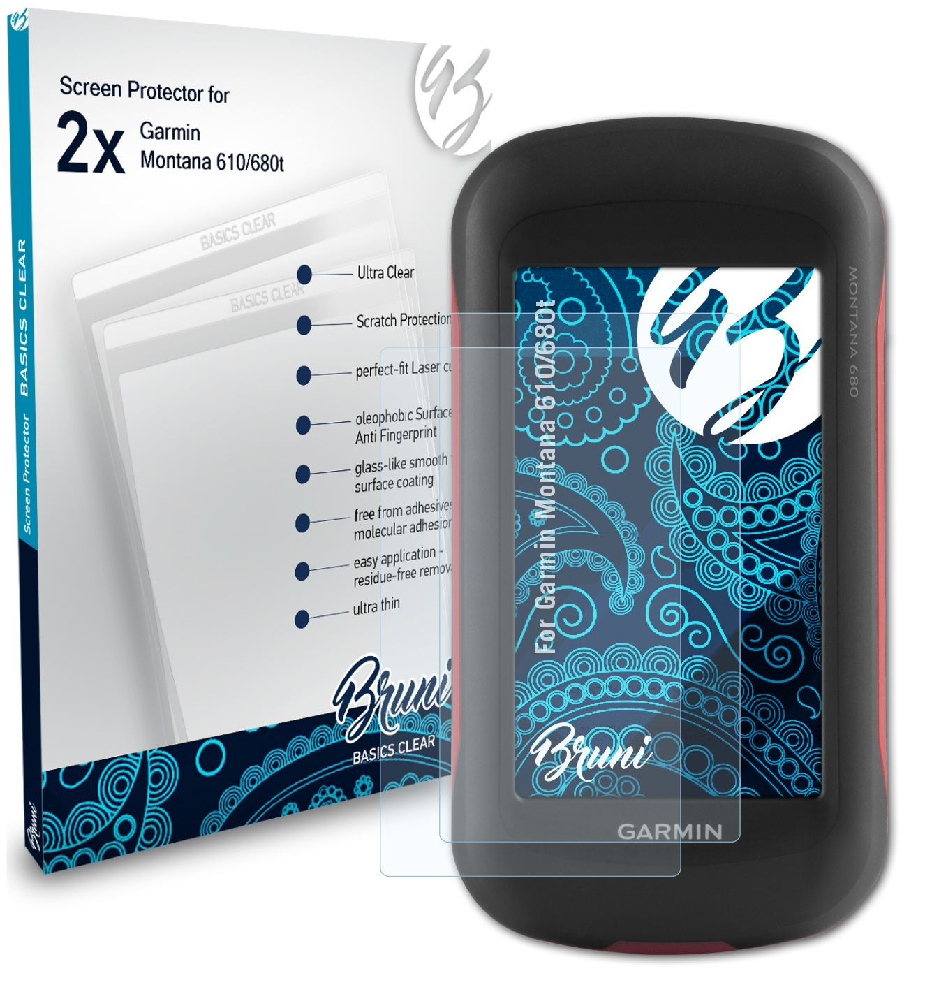 BRUNI 2x Basics-Clear Schutzfolie(für Garmin Montana 610/680t)