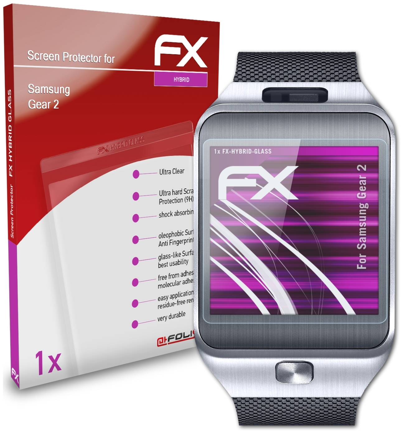 ATFOLIX 2) Samsung FX-Hybrid-Glass Schutzglas(für Gear