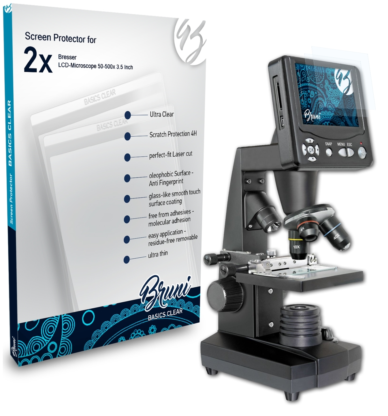 BRUNI 2x Basics-Clear Schutzfolie(für LCD-Microscope Inch)) 50-500x (3.5 Bresser