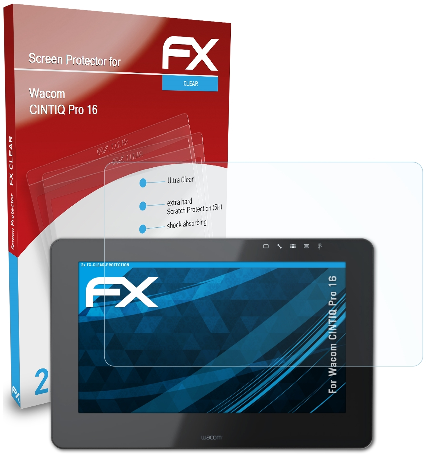 ATFOLIX 2x FX-Clear Displayschutz(für Pro CINTIQ Wacom 16)