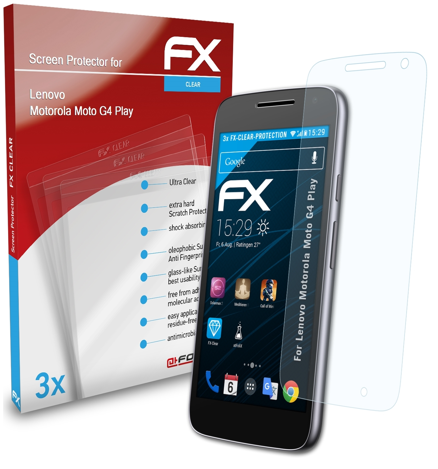 3x Moto Lenovo Displayschutz(für Motorola FX-Clear G4 Play) ATFOLIX