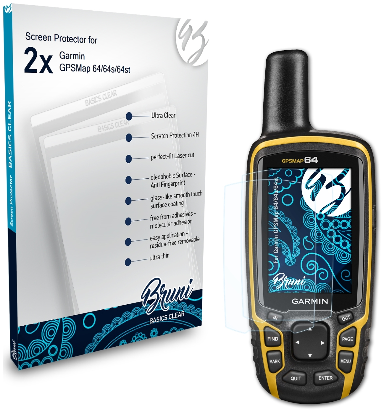 BRUNI 2x Basics-Clear Schutzfolie(für Garmin 64/64s/64st) GPSMap