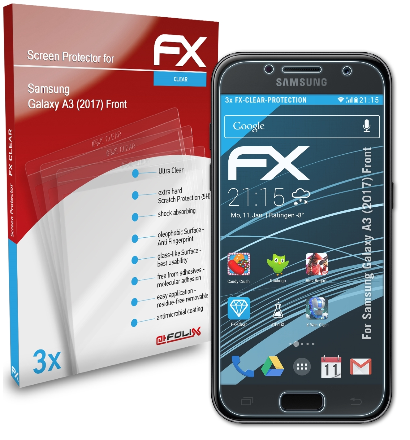 A3 FX-Clear Front) 3x Samsung Galaxy Displayschutz(für (2017) ATFOLIX