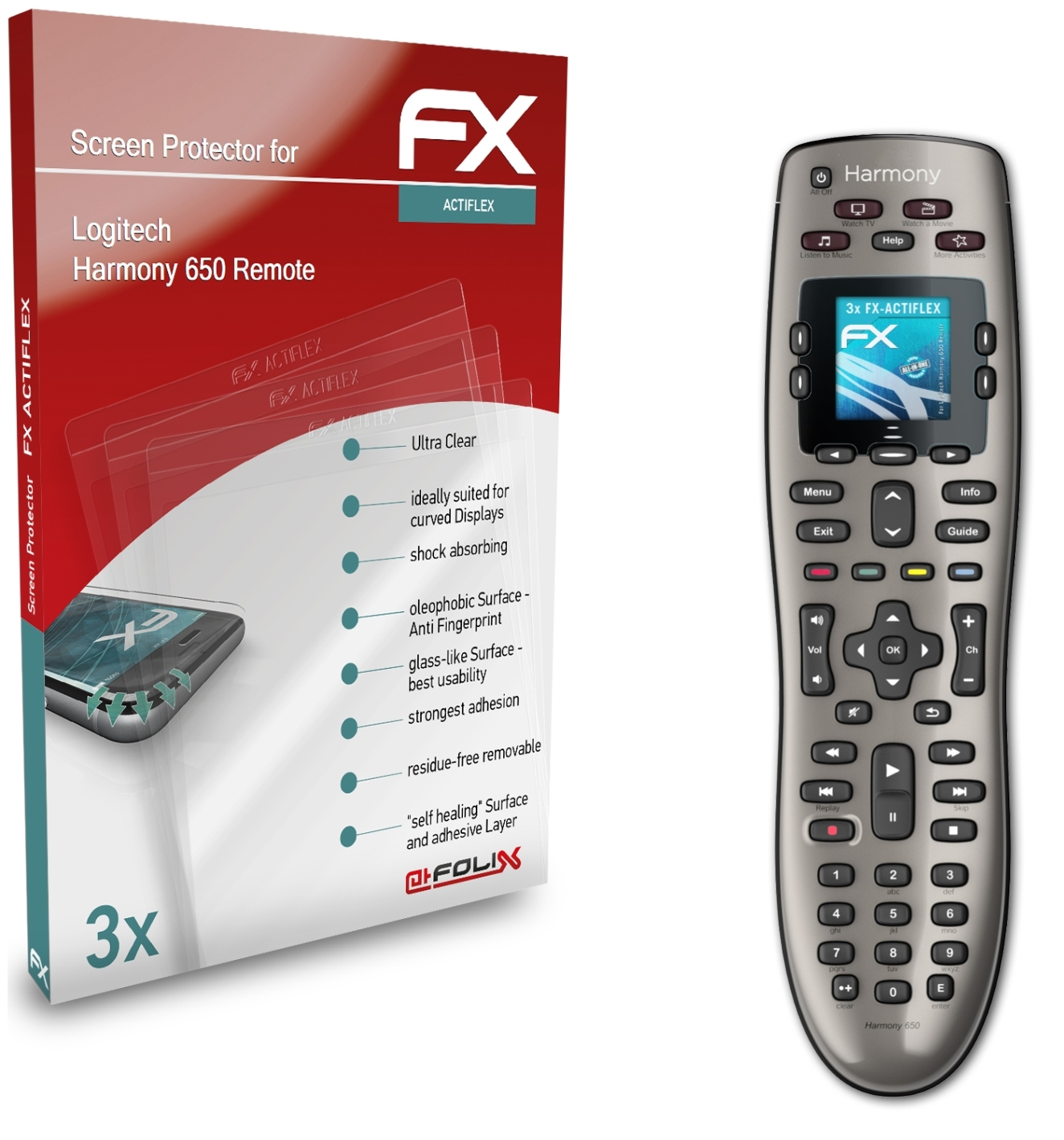 ATFOLIX 3x 650 FX-ActiFleX Logitech Displayschutz(für Remote) Harmony