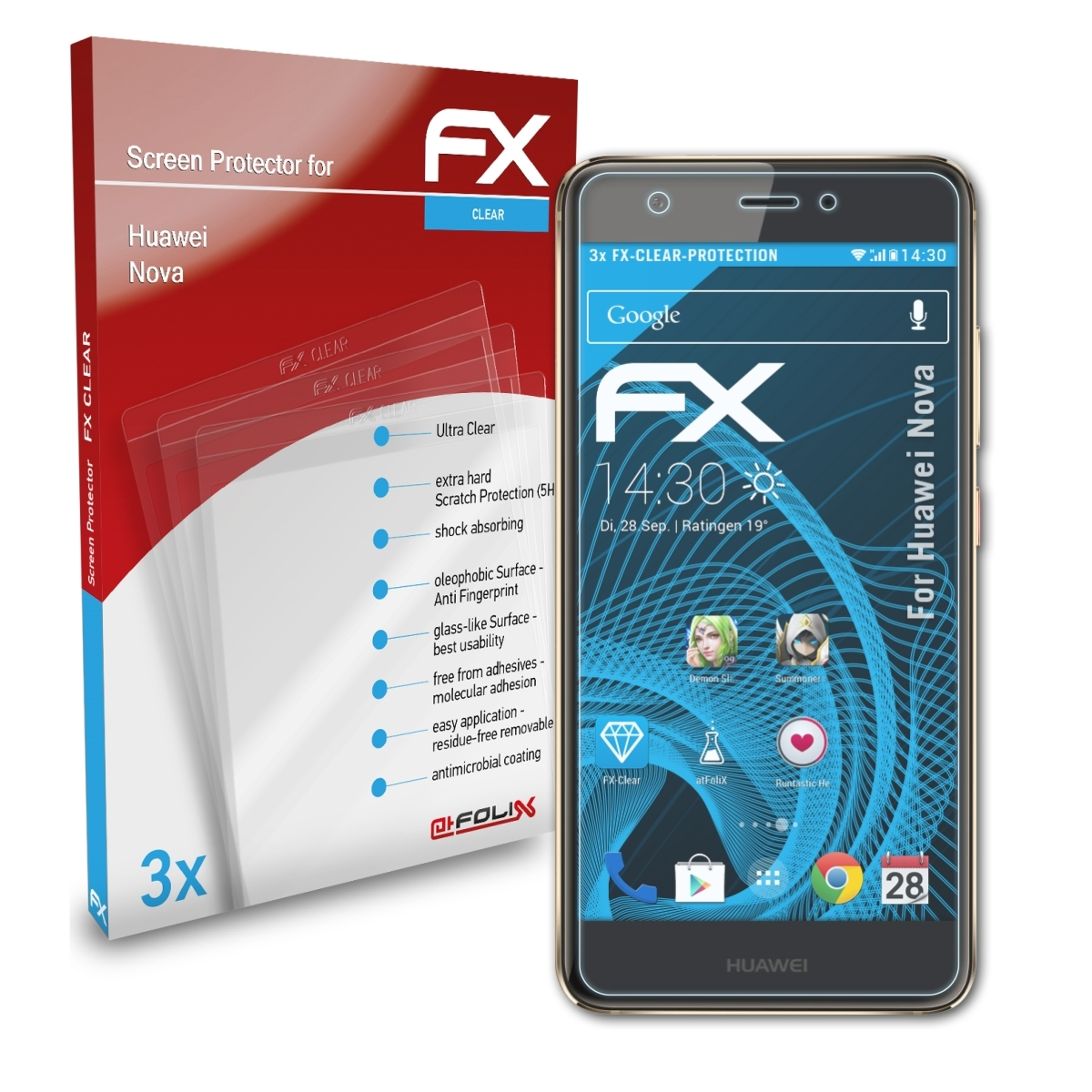 ATFOLIX Huawei Displayschutz(für Nova) FX-Clear 3x