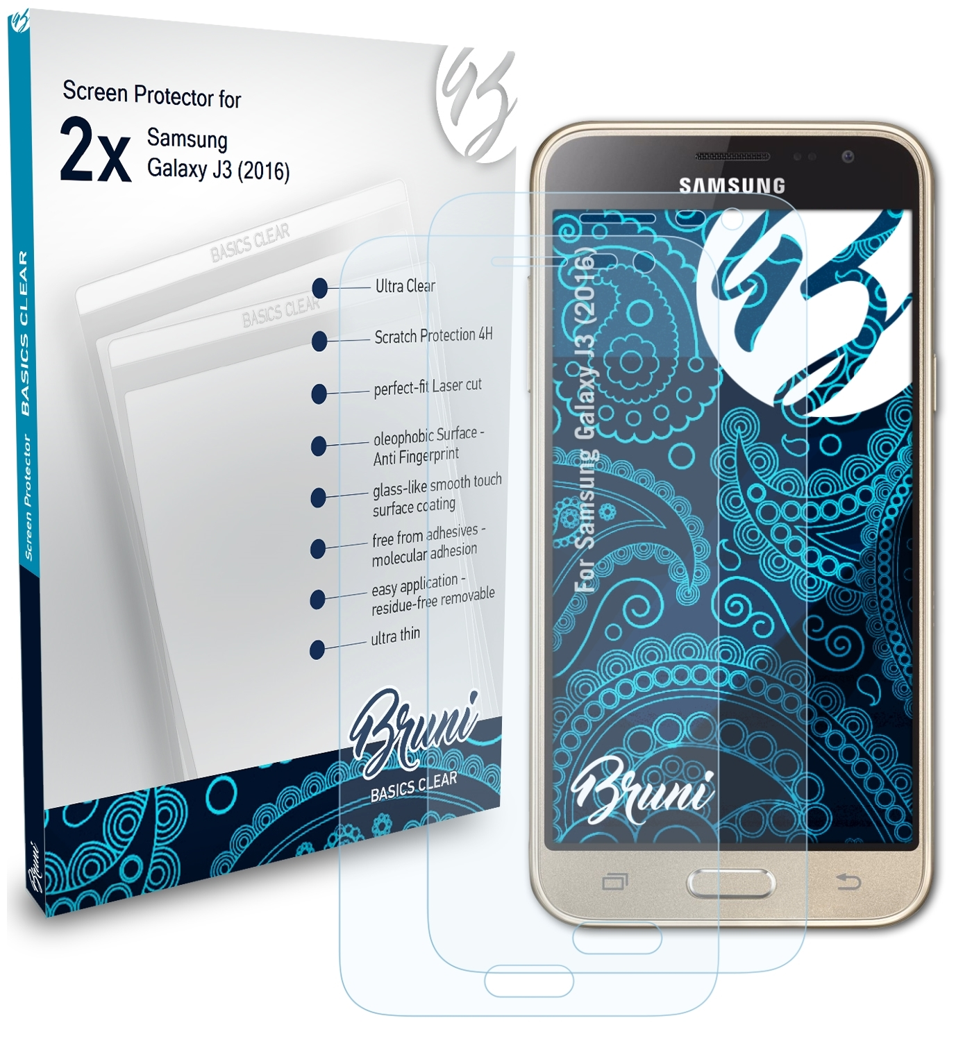 BRUNI 2x Basics-Clear Schutzfolie(für Samsung Galaxy J3 (2016))