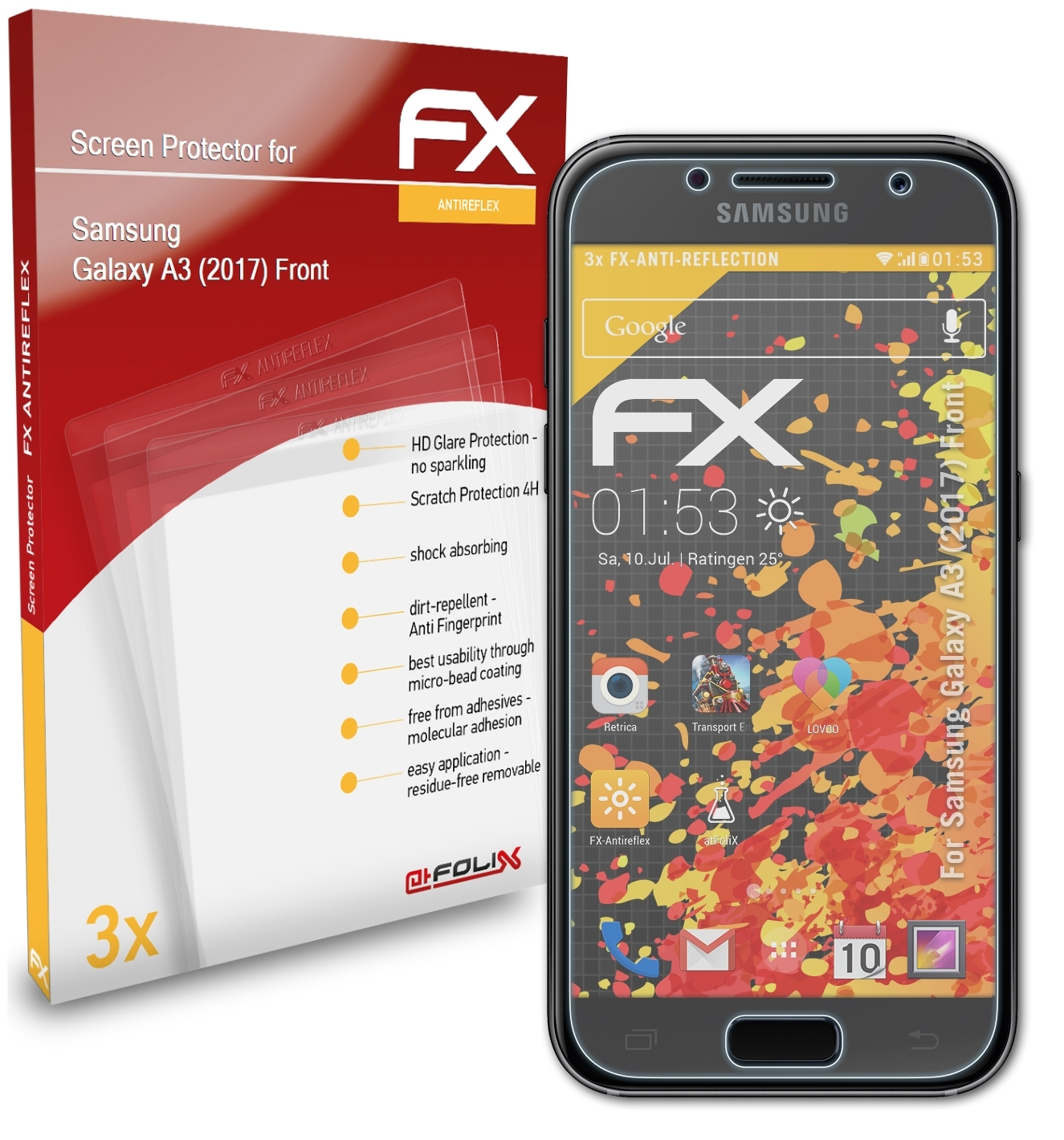 ATFOLIX 3x FX-Antireflex Displayschutz(für Samsung A3 (2017) Galaxy Front)
