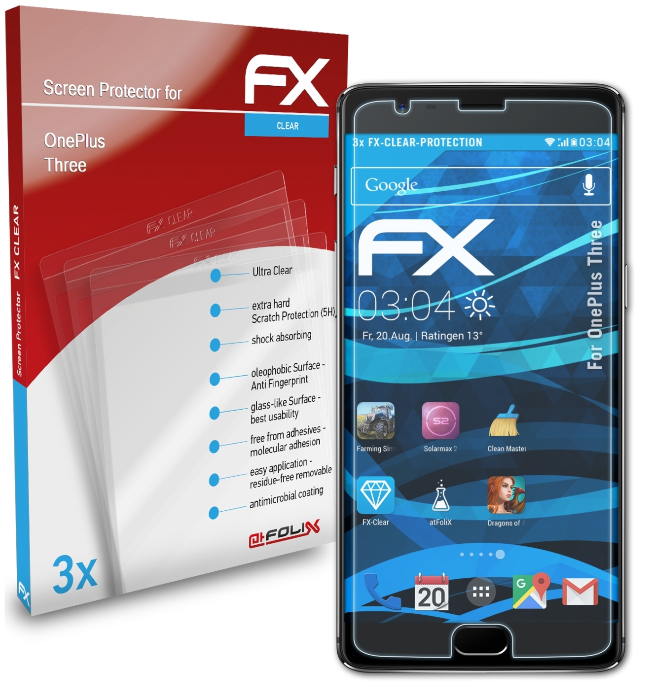 OnePlus ATFOLIX Three) 3x Displayschutz(für FX-Clear