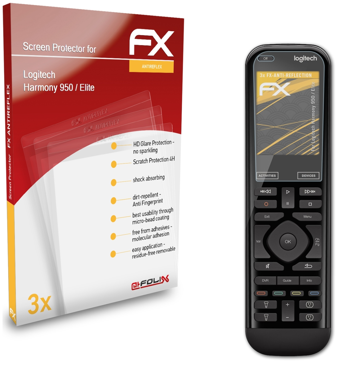 ATFOLIX 3x Elite) FX-Antireflex / Displayschutz(für Harmony Logitech 950