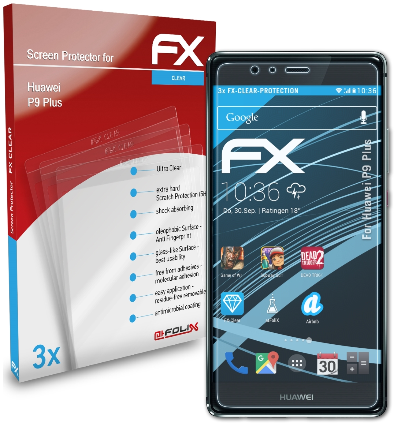 ATFOLIX 3x Plus) Huawei P9 Displayschutz(für FX-Clear