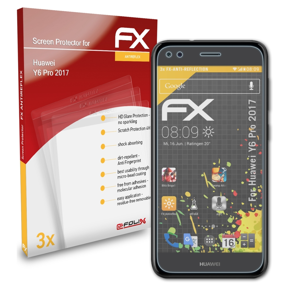 ATFOLIX 3x Huawei Y6 2017) Pro FX-Antireflex Displayschutz(für