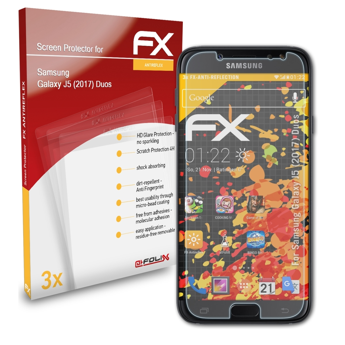 Galaxy Displayschutz(für ATFOLIX 3x (2017) Samsung FX-Antireflex Duos) J5